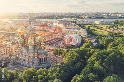 Top view of the Church of the Savior on Spilled Blood in the sunlight, Saint Petersburg, Russia