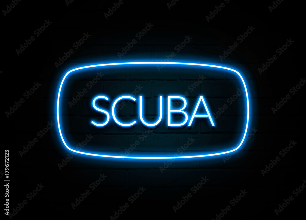 Scuba - colorful Neon Sign on brickwall Scuba - colorful Neon Sign on brickwall