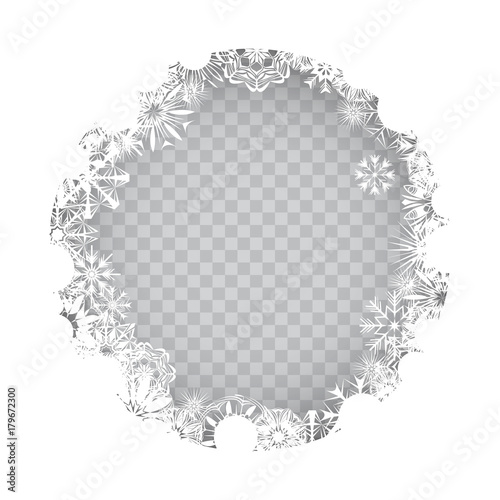 Snowflakes circle frame on a transparent background for your Christmas design. Abstract frost pattern background with place for your text. Vector illustration