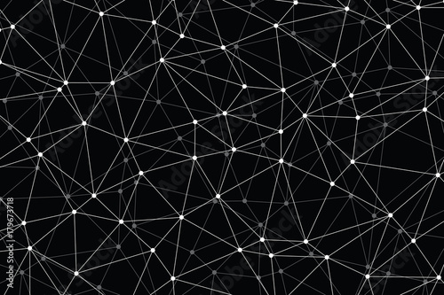 Neural networks conception. Technology concept slide for business presentation from black points of connection lines on black background. Abstract information background