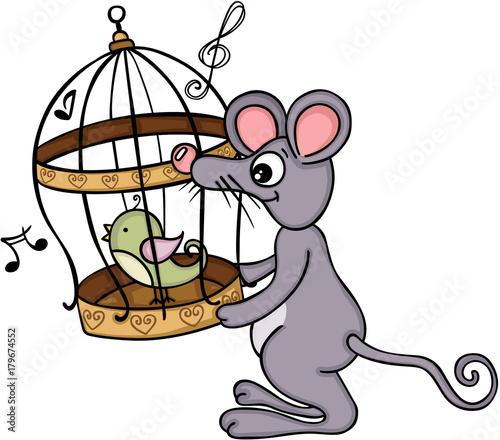 Cute mouse holding cage with singing bird
