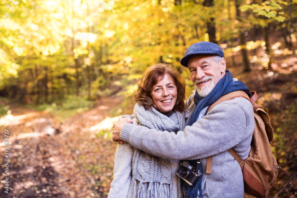 Fototapeta premium Senior couple on a walk in autumn forest.