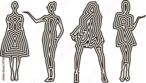 Fashion design female models silhouettes template, women in dresses