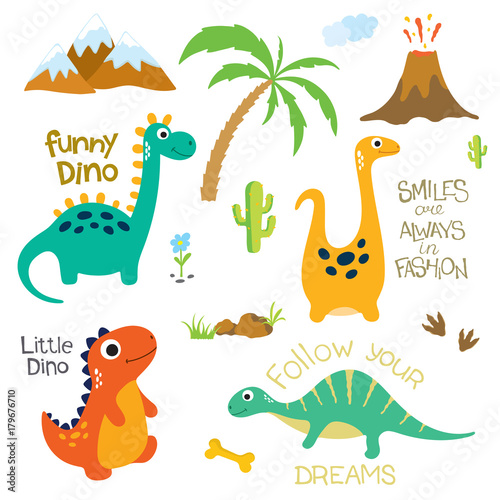 Dinosaur footprint  Volcano  Palm tree and other design elements