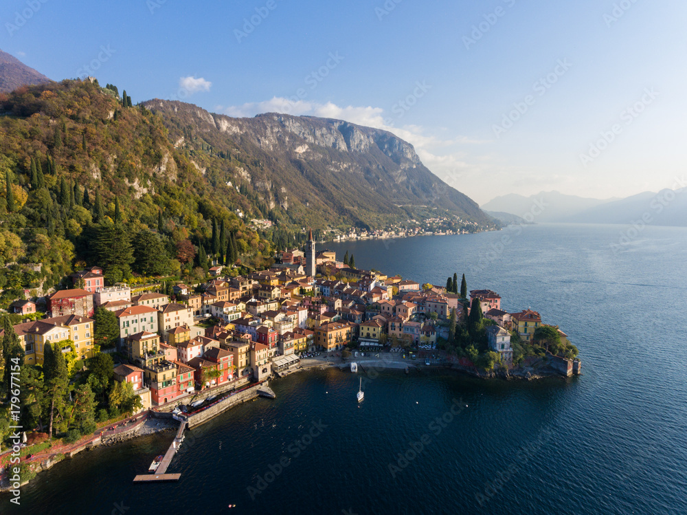 Aerial view, village of Varenna on Como lake in Italy. Famous destination in lombardy