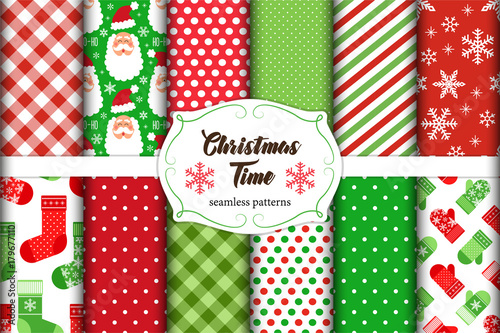 Set of 12 cute seamless Christmas Time patterns with traditional ornaments