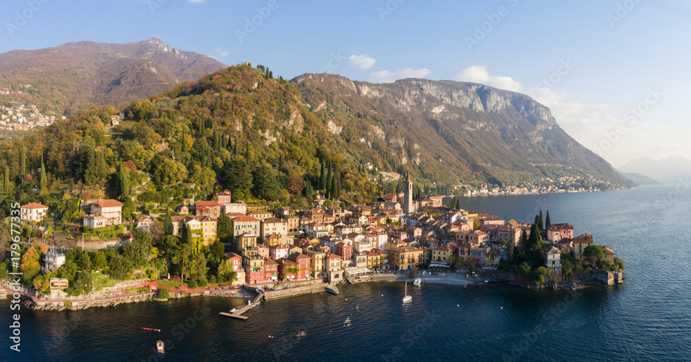 Panoramic view of Varenna. Aerial view with drone. Como lake