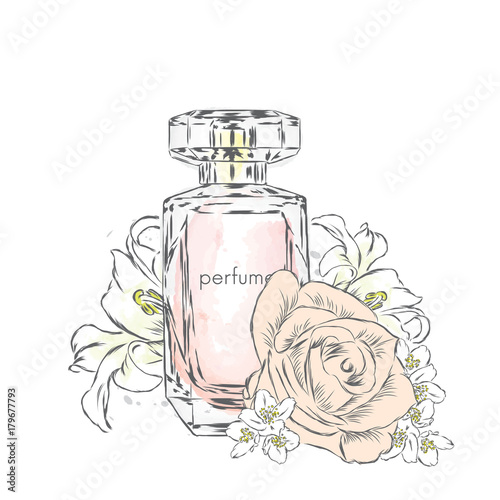 Perfume bottle and flowers. Vector . Print on a postcard, poster or clothing.