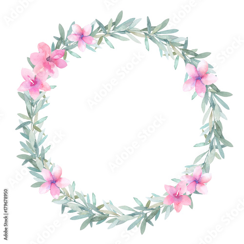 Watercolor leaves wreath. Hand drawn isolated border