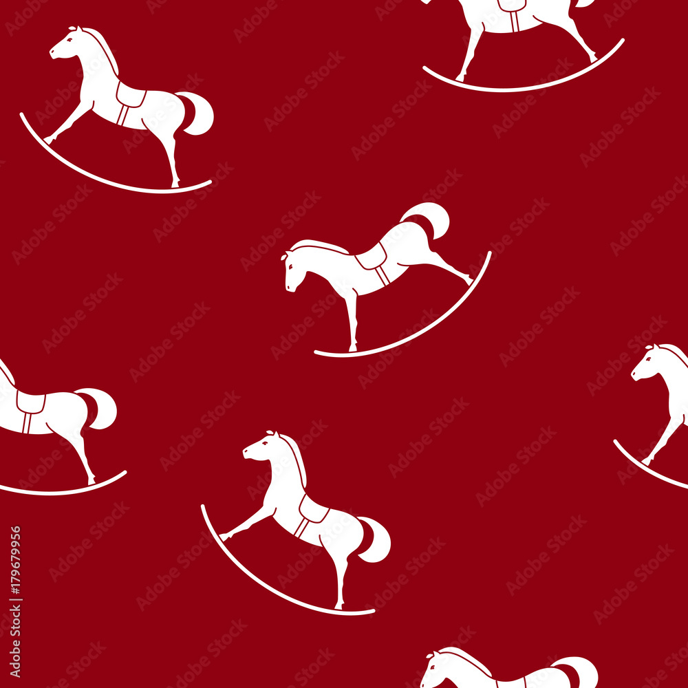 Obraz premium Seamless Pattern with a Rocking Horse , Toy on a Red Background , Vector Illustration