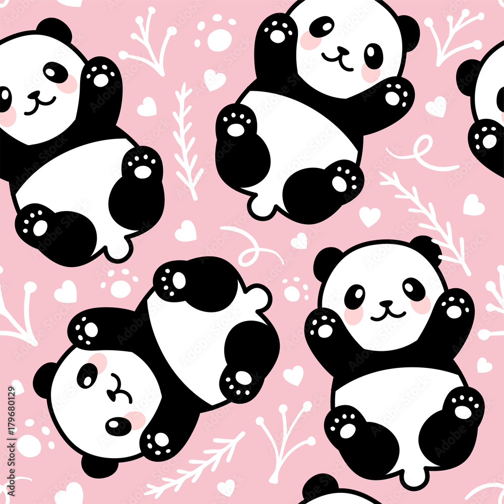 Naklejka premium Cute Cartoon Panda Seamless Pattern Background, Vector illustration