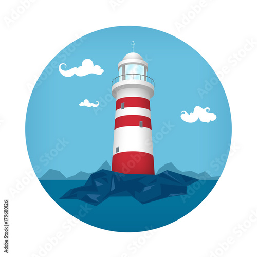 Lighthouse Icon, Beacon Stands on Rocks, Vector Illustration