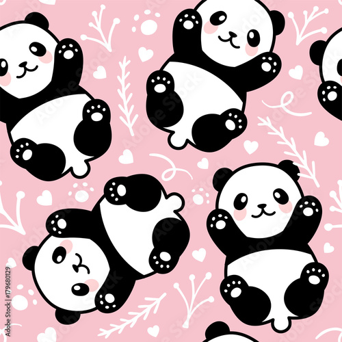 Fototapeta Naklejka Na Ścianę i Meble -  Cute Cartoon Panda Seamless Pattern Background, Vector illustration