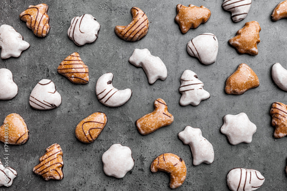 Festive Christmas background with variety of gingerbread