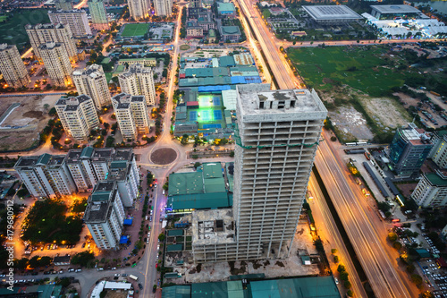 Aerial skyline view of Hanoi cityscape at twilight. Tu Liem district, Hanoi, Vietnam photo