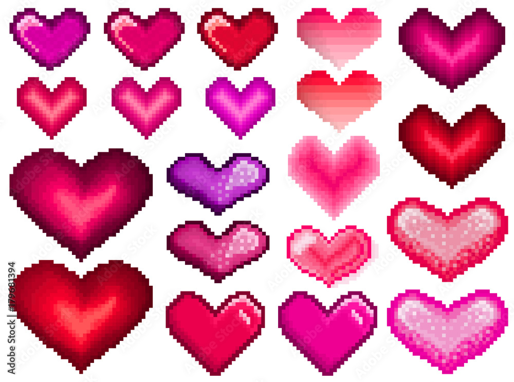 Pixel hearts set love valentines day mosaic trendy icons