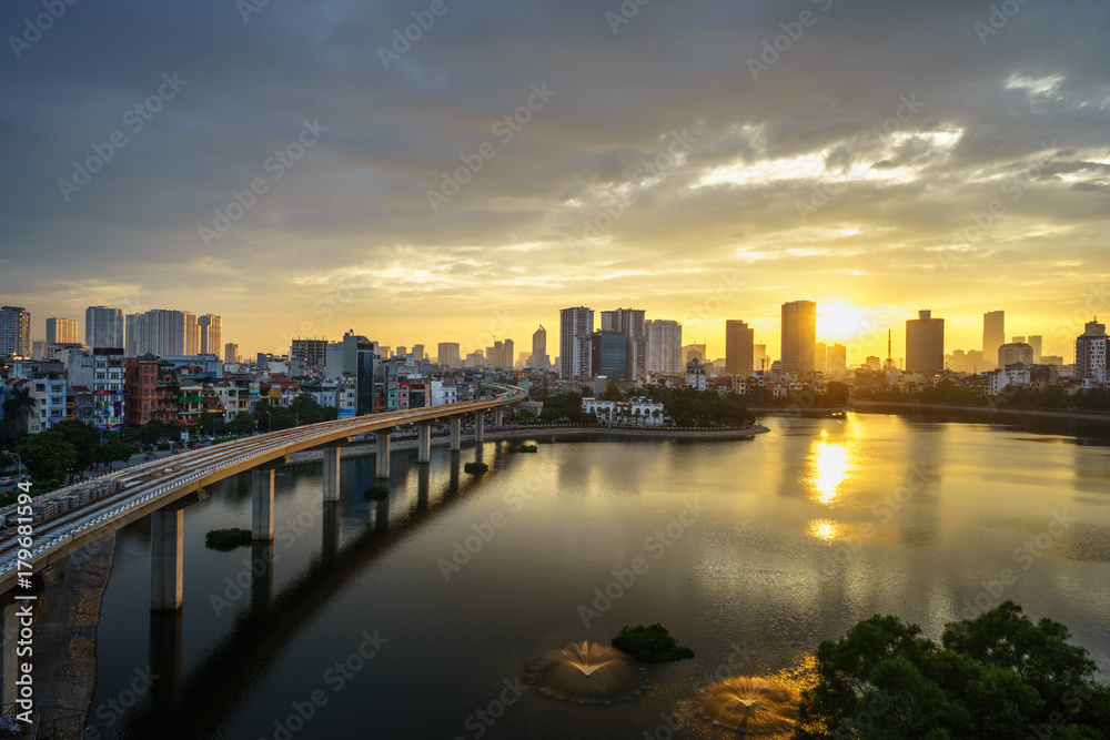 Aerial skyline view of Hanoi. Hanoi cityscape at twilight at Hoang Cau lake