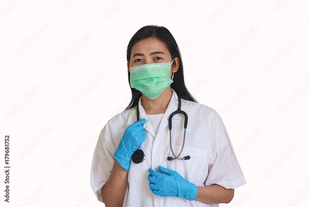 a women doctor is wearing mask,blue glove and the stethoscope prepaing to work on white background a women doctor is wearing mask,blue glove and the stethoscope prepaing to work on white background