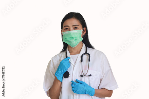 a women doctor is wearing mask,blue glove and the stethoscope prepaing to work on white background