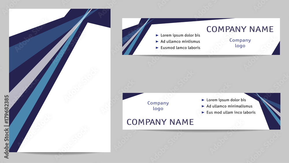Template A4 and two banners. Geometric blue background with white text place, sample text. Flat layouts for brochures, books, magazines, portfolio, annual reports, advertising. EPS10 vector design