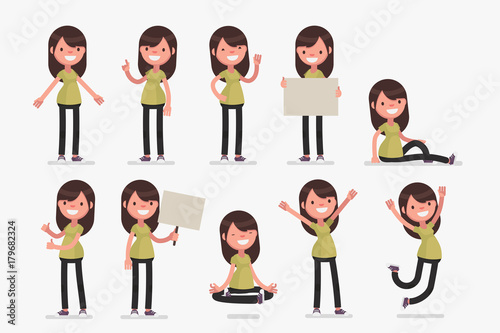 Female character in casual clothes in different poses: Vector illustration.
