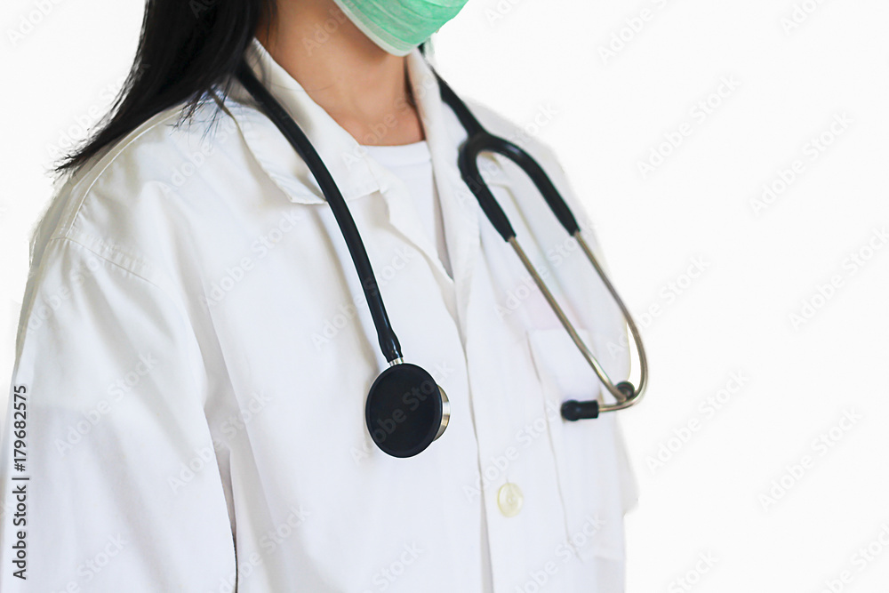 a women doctor wearing mask and stethoscope on white background,spot focus. a women doctor wearing mask and stethoscope on white background,spot focus.