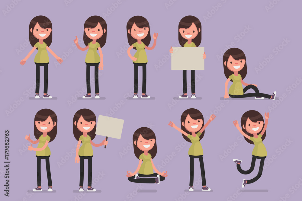 Female character in casual clothes in different poses: Vector illustration.