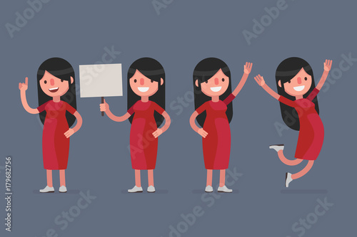Female character in casual clothes in different poses: Vector illustration.