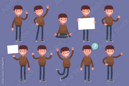 Male character in casual clothes in different poses: Vector illustration.