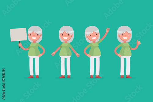 Elderly character set: Vector illustration of senior woman in casual cloth.