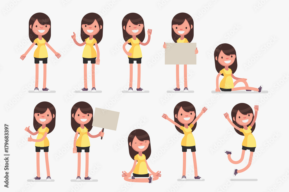 Female character in sport clothes in different poses: Vector illustration. Female character in sport clothes in different poses: Vector illustration.