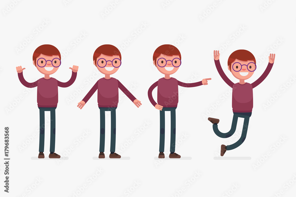 Male character in casual clothes in different poses: Vector illustration. Male character in casual clothes in different poses: Vector illustration.