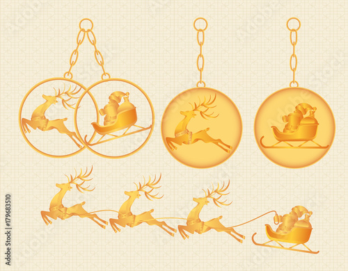 Christmas, New Year. Gold keychains, charms, pendants with the image of Santa Claus and deer. illustration