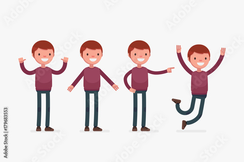 Male character in casual clothes in different poses: Vector illustration.
