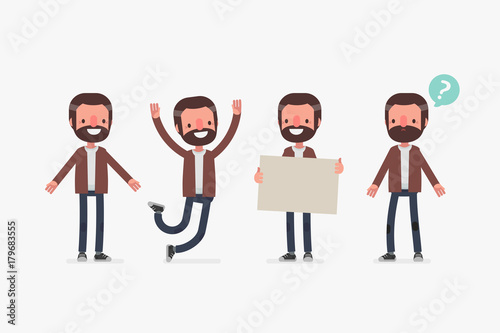 Male character in casual clothes in different poses: Vector illustration.