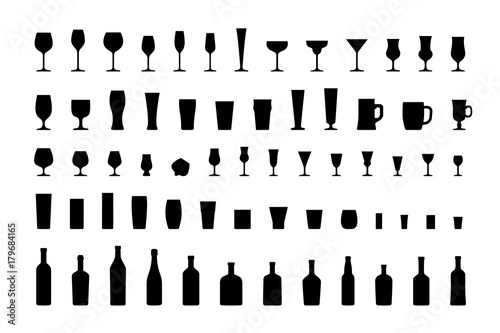Bar glasses and bottles, icon set black silhouettes. Vector