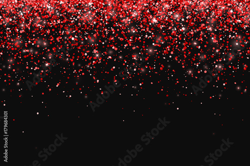 Red glitter on black background, falling particles. Vector