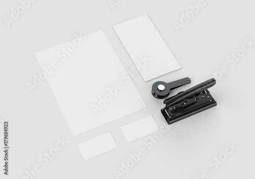 Base white stationery mock-up template for branding identity on gray background for graphic designers presentations and portfolios. Embossing stamp. 3D rendering.
