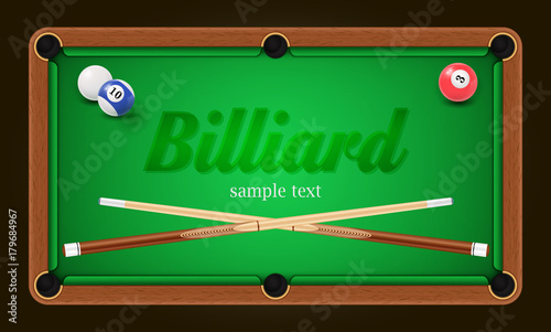 Billiard poster. Pool table background illustration with billiard balls and billiard chalk and cue