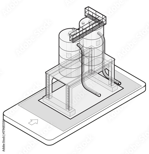 Outlined gasoline cistern, isometric building in mobile phone. Diesel, fuel supply resources. Gas tank on pillars in communication technology, paraphrase. Water reservoir. Isolated master vector icon.