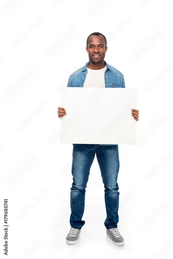 african american man with blank banner african american man with blank banner