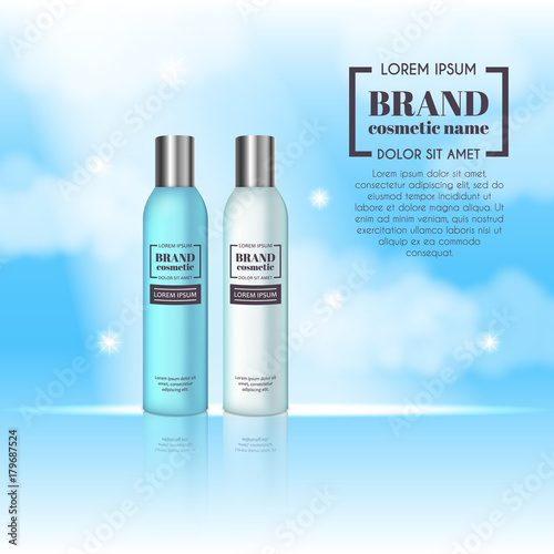 3D realistic cosmetic bottle ads template. Cosmetic brand advertising concept design on sky background with clouds