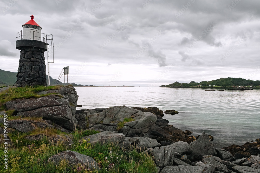 Lighthouse and landscape near Gravdal city, Norway