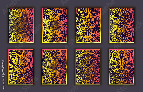 Card set with mosaic lace decorative elements background. Asian Indian oriental ornate banners.