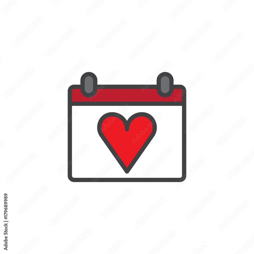 Calendar with heart filled outline icon, line vector sign, linear colorful pictogram isolated on white. Love and valentine's day symbol, logo illustration. Pixel perfect vector graphics Calendar with heart filled outline icon, line vector sign, linear colorful pictogram isolated on white. Love and valentine's day symbol, logo illustration. Pixel perfect vector graphics