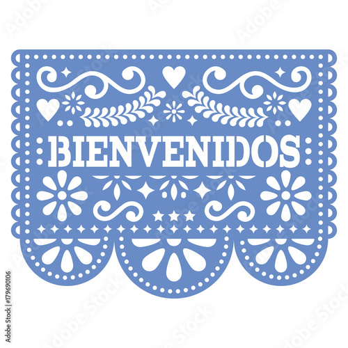 Papel Picado Bienvenidos vector design - Mexican Welcome paper decoration with pattern and text photo