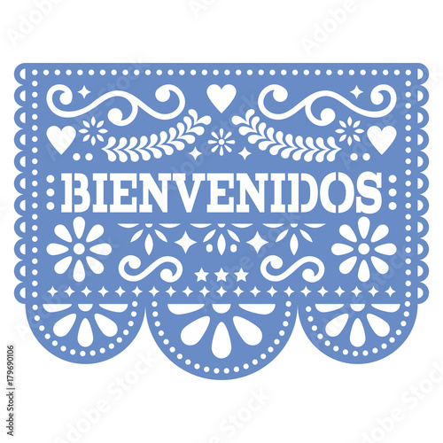 Papel Picado Bienvenidos vector design - Mexican Welcome paper decoration with pattern and text