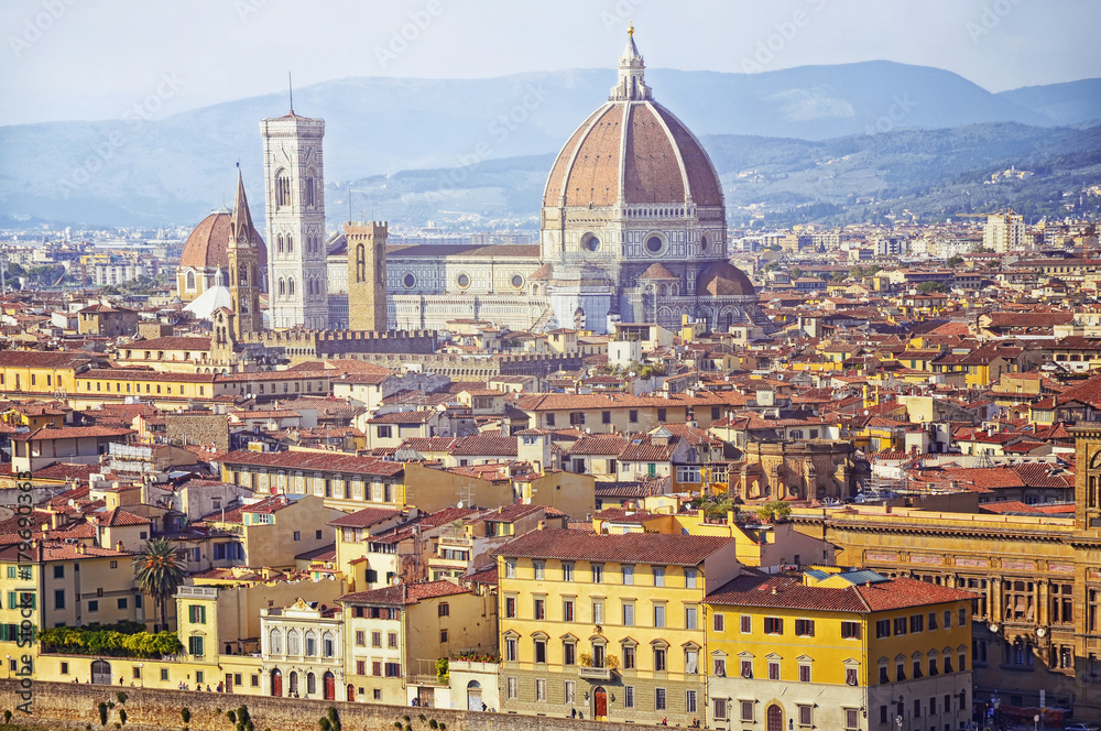Beautiful aerial  view of  Cathedral Santa Maria Del Fiore with Giotto's Campanile  in Florence. Panorama view from Michelangelo park square  ,Italy