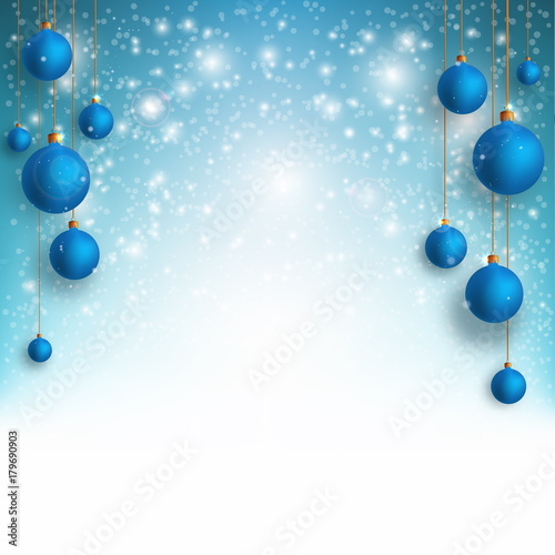 Christmas background with Blue christmas balls and snow for xmas design. Vector illustration.