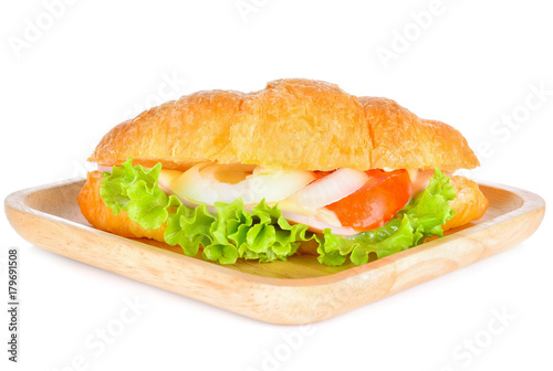 Croissant Ham cheese In a wooden dish on white background